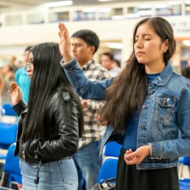 A woman in a blue jacket is raising her hand